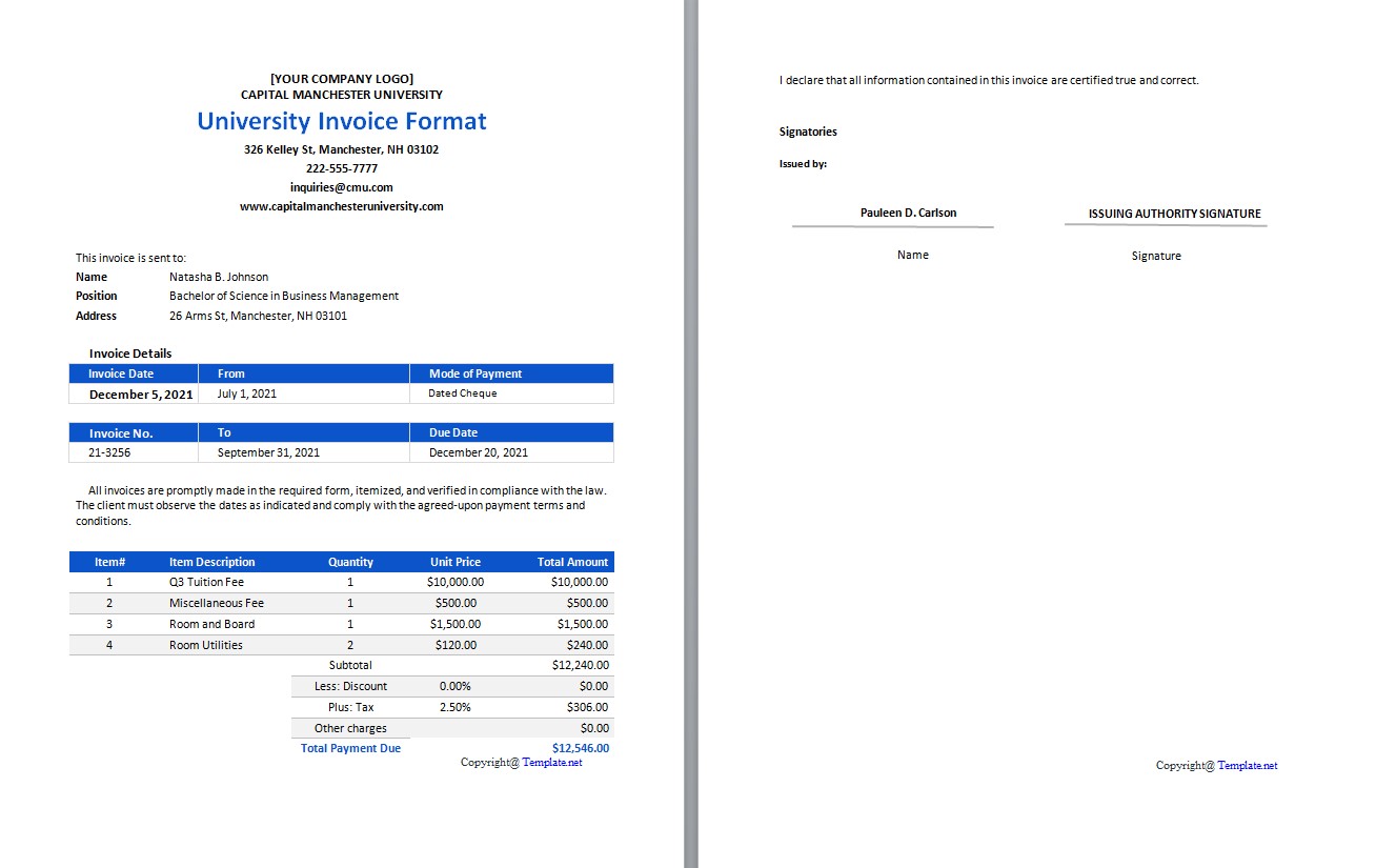 Free University Invoice Format Template PSD template